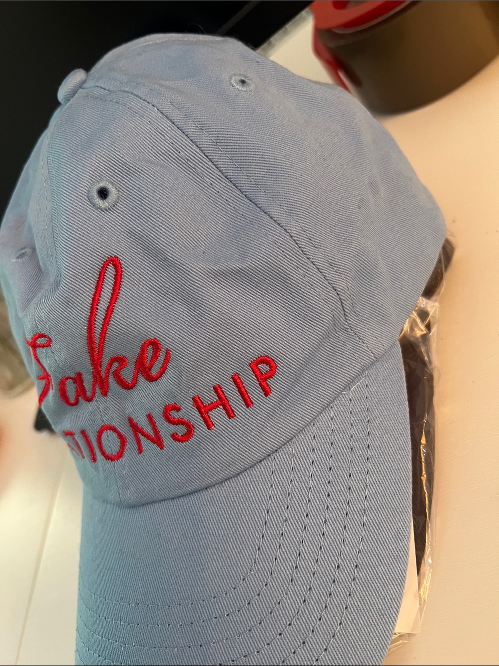 "Fake Relationship" Light Blue Baseball Cap (Romance Trope Hat) - Picture 3 of 7